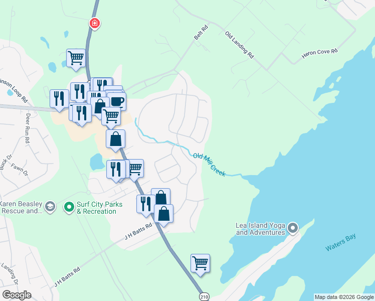 map of restaurants, bars, coffee shops, grocery stores, and more near 332 Edgewater Way in Surf City