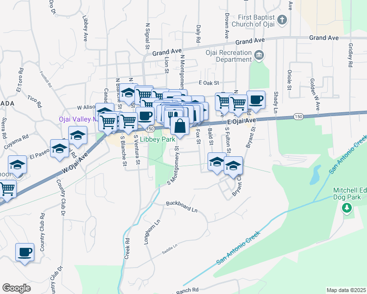 map of restaurants, bars, coffee shops, grocery stores, and more near 402 Willow Street in Ojai