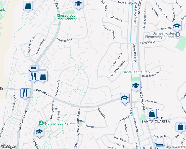 map of restaurants, bars, coffee shops, grocery stores, and more near 23302 Clifton Place in Santa Clarita
