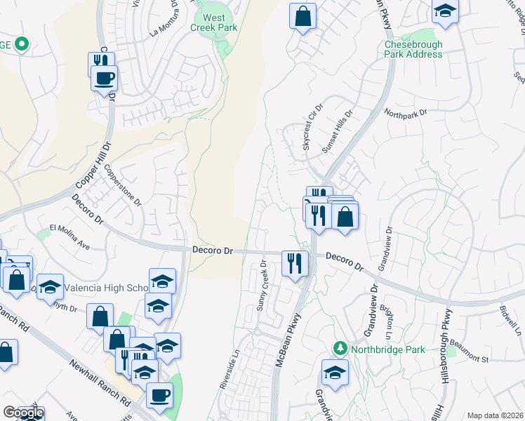 map of restaurants, bars, coffee shops, grocery stores, and more near 27759 Summer Grove Place in Santa Clarita