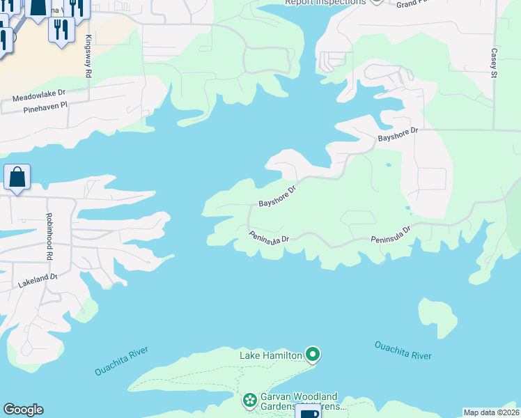 map of restaurants, bars, coffee shops, grocery stores, and more near 115 Penbay Place in Hot Springs