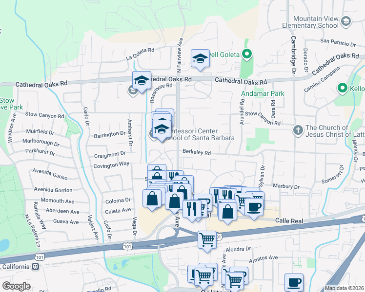 map of restaurants, bars, coffee shops, grocery stores, and more near 430 South Fairview Avenue in Goleta