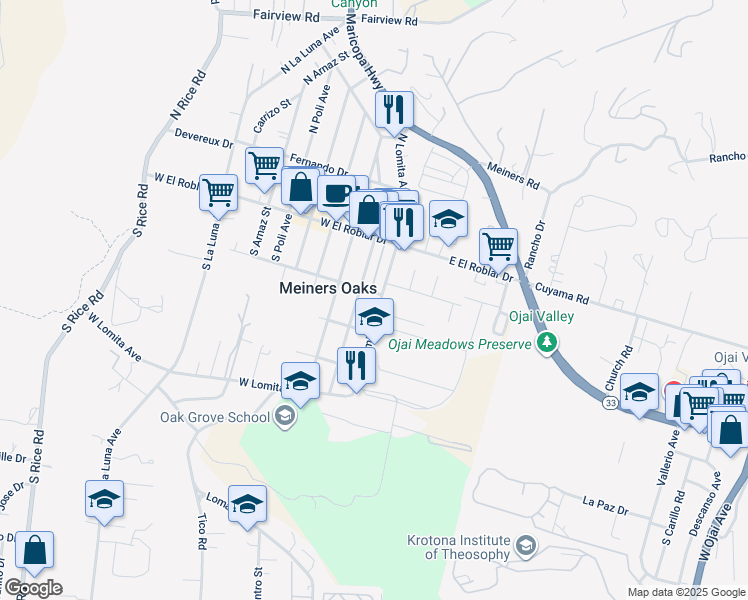 map of restaurants, bars, coffee shops, grocery stores, and more near 205 South Lomita Avenue in Ojai
