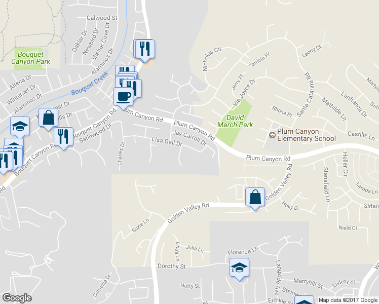 map of restaurants, bars, coffee shops, grocery stores, and more near 20376 Lisa Gail Drive in Santa Clarita
