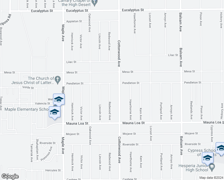 map of restaurants, bars, coffee shops, grocery stores, and more near 10783 Redwood Avenue in Hesperia