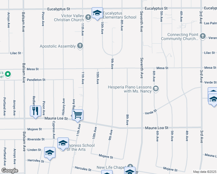 map of restaurants, bars, coffee shops, grocery stores, and more near 10776 9th Avenue in Hesperia