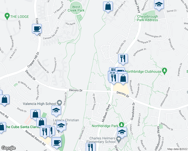 map of restaurants, bars, coffee shops, grocery stores, and more near 27713 Summer Grove Place in Santa Clarita