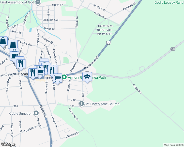 map of restaurants, bars, coffee shops, grocery stores, and more near 806 East Greer Street in Honea Path