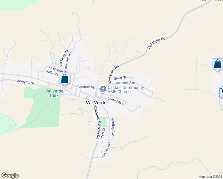 map of restaurants, bars, coffee shops, grocery stores, and more near Hunstock Street in Val Verde