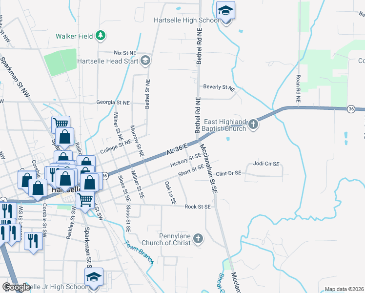 map of restaurants, bars, coffee shops, grocery stores, and more near 710 Main Street East in Hartselle