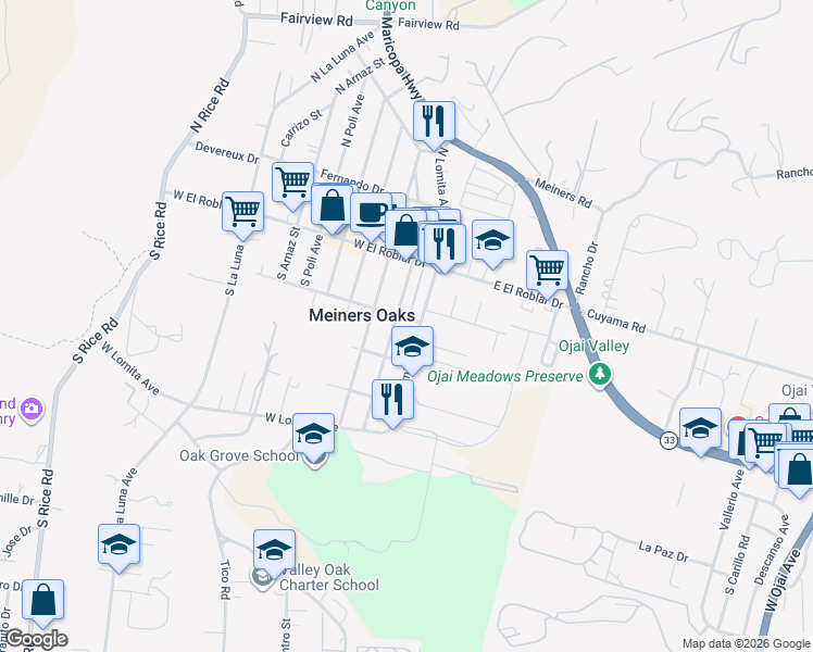 map of restaurants, bars, coffee shops, grocery stores, and more near 205 South Lomita Avenue in Ojai
