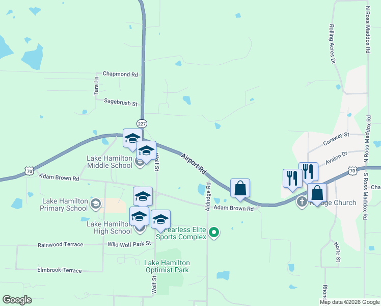 map of restaurants, bars, coffee shops, grocery stores, and more near 3502 Airport Road in Pearcy