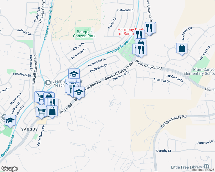 map of restaurants, bars, coffee shops, grocery stores, and more near 20958 Susan Carole Drive in Santa Clarita
