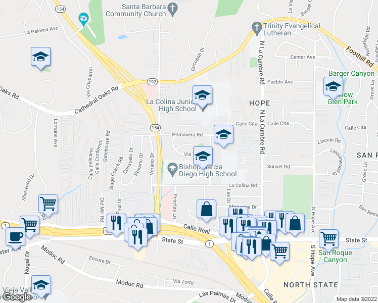 map of restaurants, bars, coffee shops, grocery stores, and more near 4013 Via Diego in Santa Barbara
