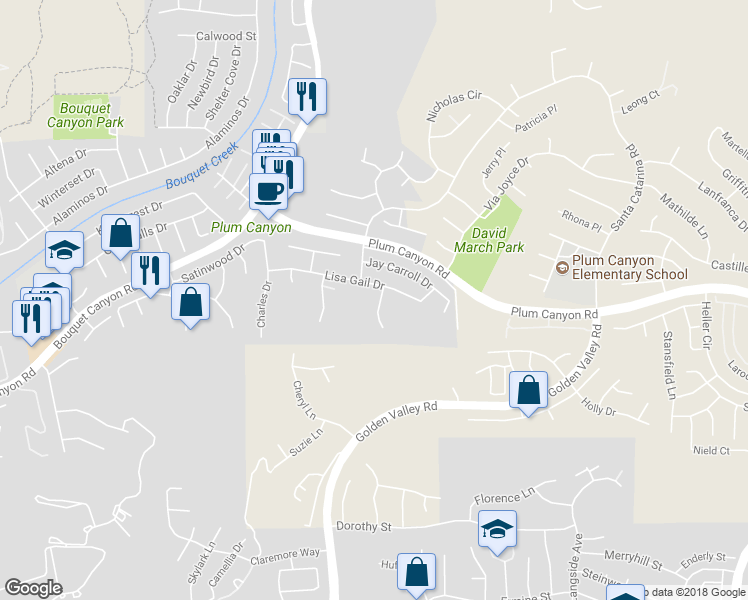 map of restaurants, bars, coffee shops, grocery stores, and more near 28111 Vernal Way in Santa Clarita