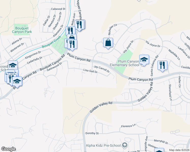map of restaurants, bars, coffee shops, grocery stores, and more near 28111 Vernal Way in Santa Clarita