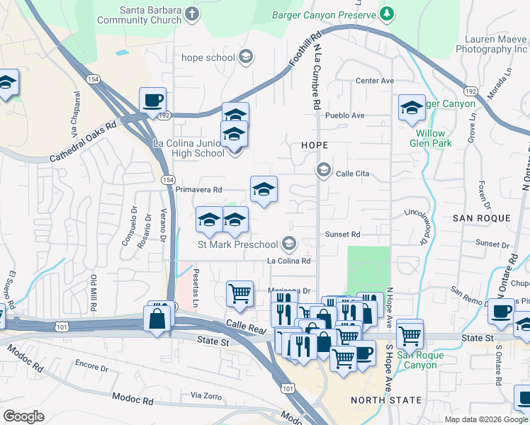 map of restaurants, bars, coffee shops, grocery stores, and more near 3970 La Colina Road in Santa Barbara