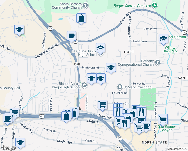 map of restaurants, bars, coffee shops, grocery stores, and more near 4016 Via Diego in Santa Barbara