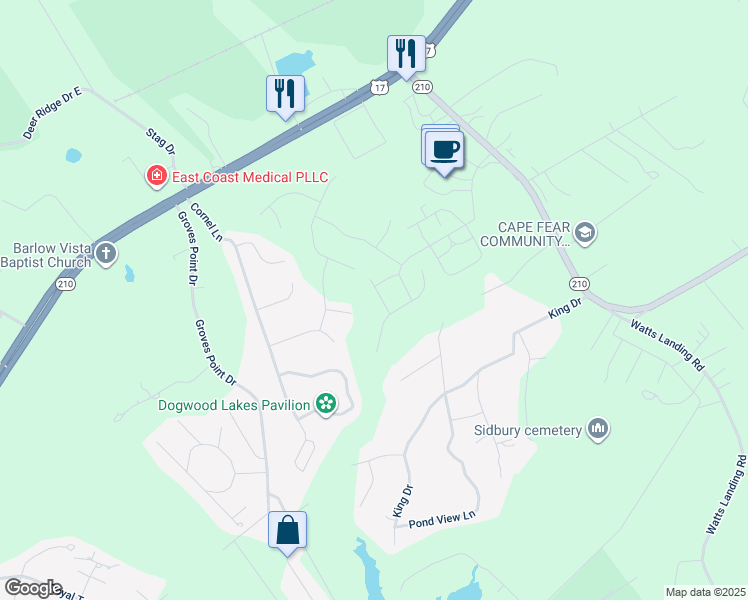 map of restaurants, bars, coffee shops, grocery stores, and more near Hop tree Branch in Hampstead
