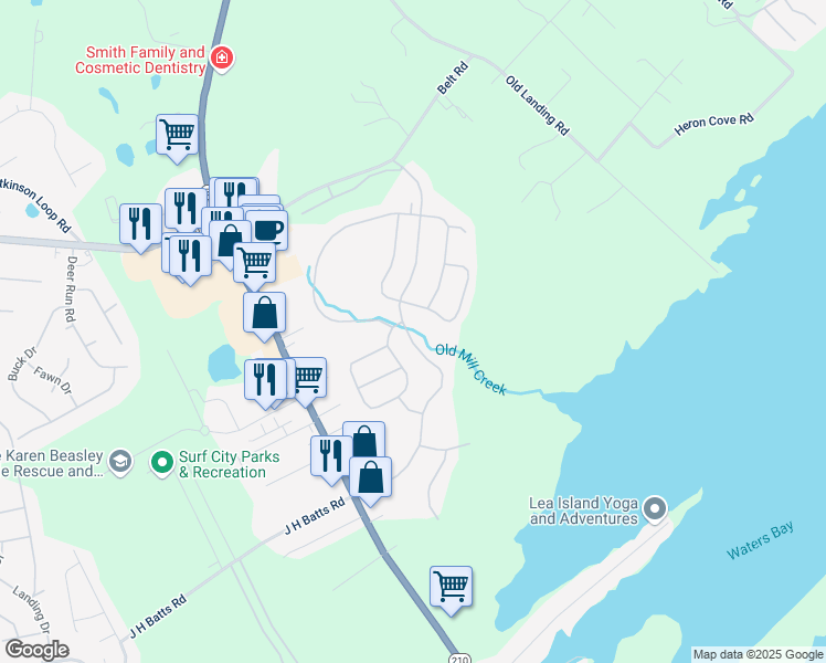 map of restaurants, bars, coffee shops, grocery stores, and more near 342 Edgewater Way in Surf City