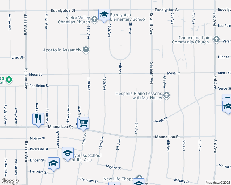 map of restaurants, bars, coffee shops, grocery stores, and more near 10776 9th Avenue in Hesperia