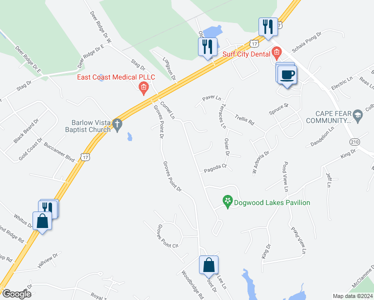 map of restaurants, bars, coffee shops, grocery stores, and more near 119 Cornel Lane in Hampstead