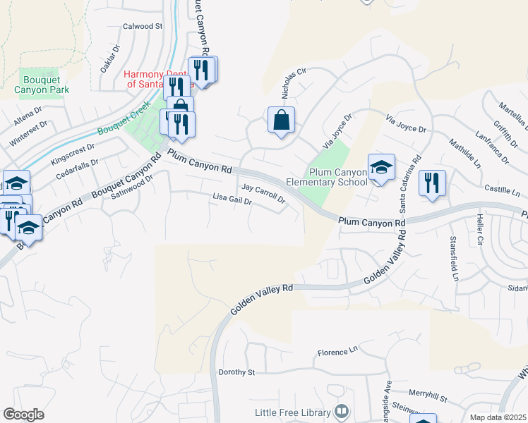 map of restaurants, bars, coffee shops, grocery stores, and more near 20376 Lisa Gail Drive in Santa Clarita