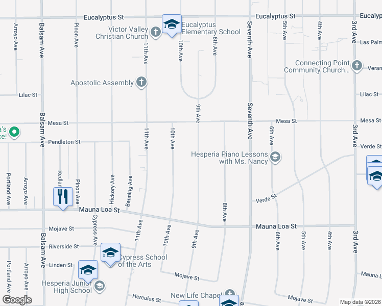 map of restaurants, bars, coffee shops, grocery stores, and more near 10776 9th Avenue in Hesperia