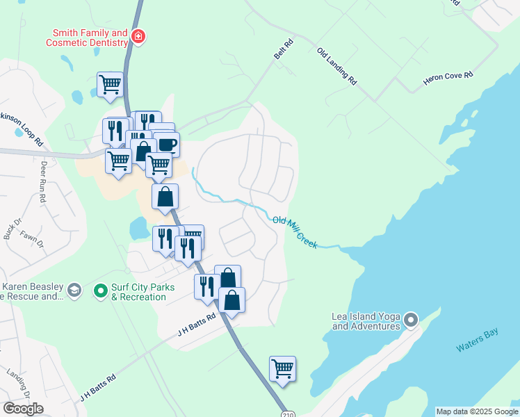 map of restaurants, bars, coffee shops, grocery stores, and more near 342 Edgewater Way in Surf City