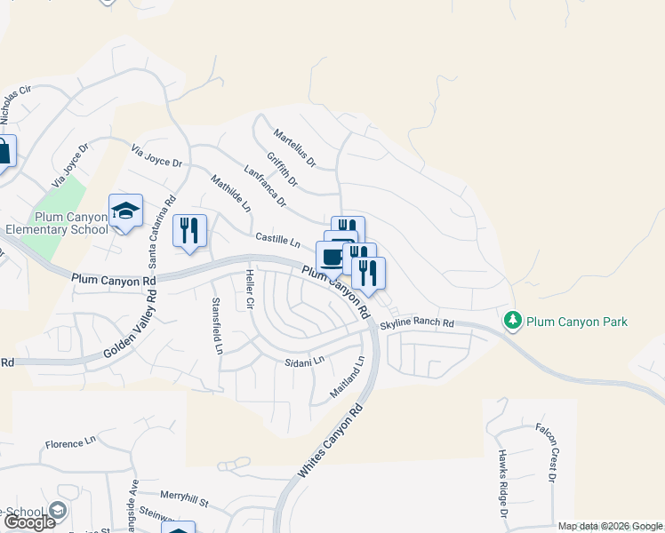 map of restaurants, bars, coffee shops, grocery stores, and more near 19402 Castille Lane in Santa Clarita