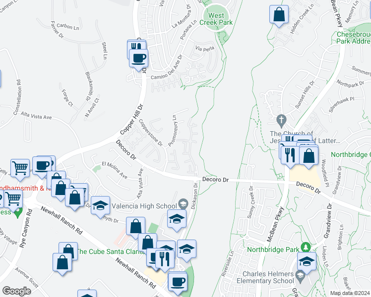 map of restaurants, bars, coffee shops, grocery stores, and more near 27976 Trillium Lane in Santa Clarita