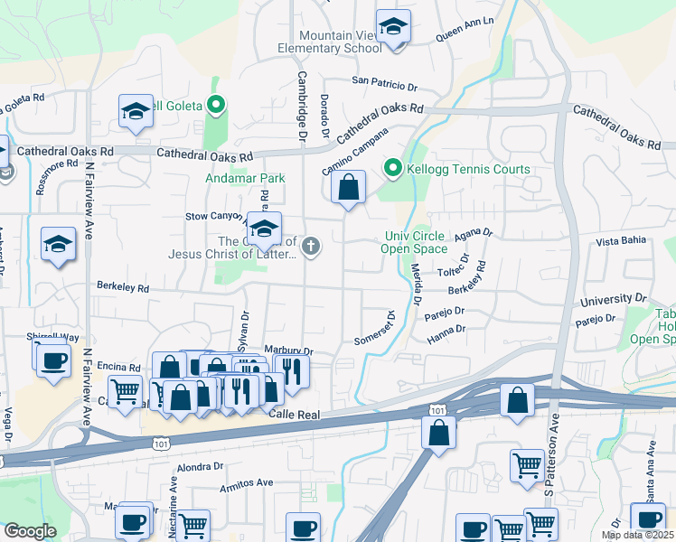 map of restaurants, bars, coffee shops, grocery stores, and more near 398 North Kellogg Avenue in Goleta