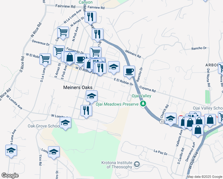map of restaurants, bars, coffee shops, grocery stores, and more near 138 Christopher Lane in Ojai