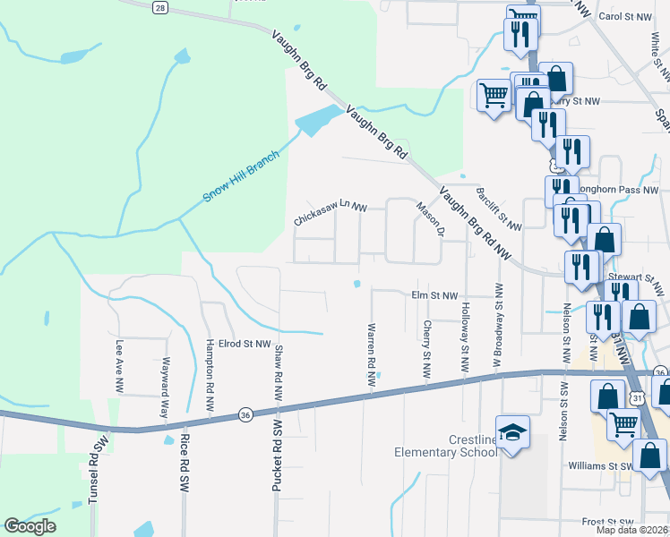 map of restaurants, bars, coffee shops, grocery stores, and more near 1200 Westview Drive in Hartselle