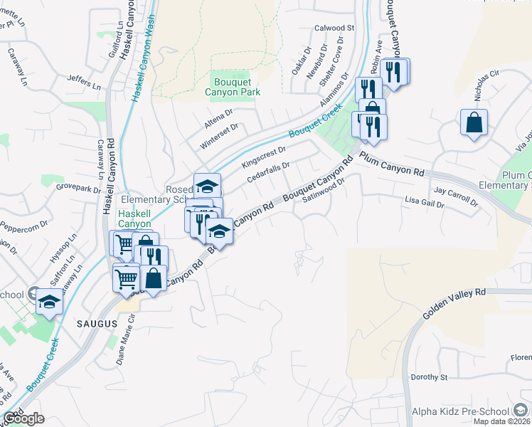 map of restaurants, bars, coffee shops, grocery stores, and more near 21045 Susan Carole Drive in Santa Clarita