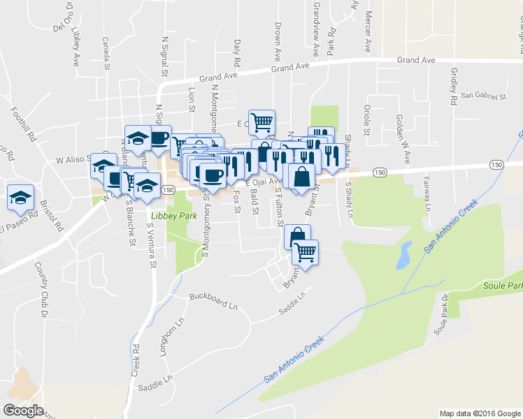 map of restaurants, bars, coffee shops, grocery stores, and more near 206 Bald Street in Ojai