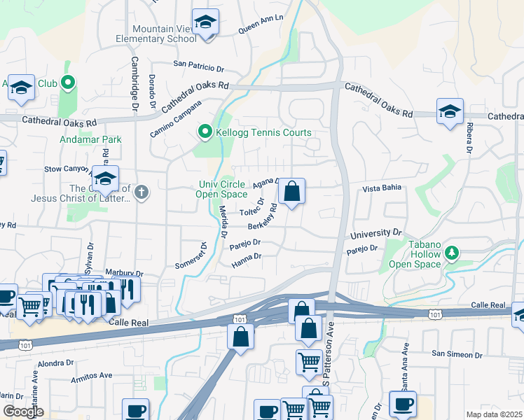 map of restaurants, bars, coffee shops, grocery stores, and more near 5441 Toltec Drive in Santa Barbara