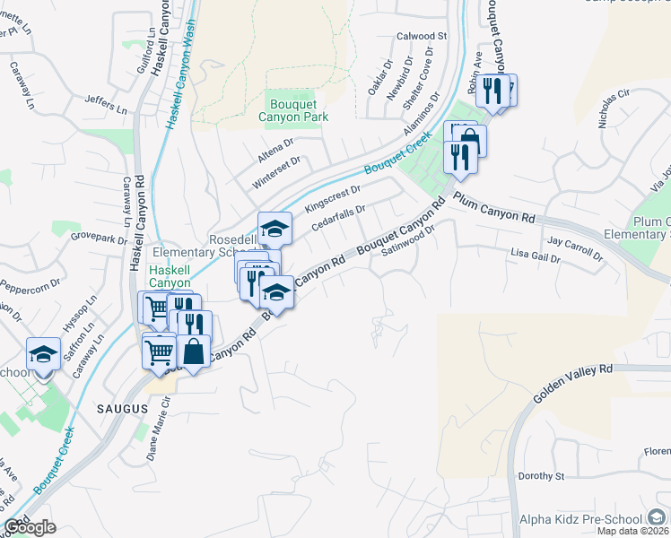 map of restaurants, bars, coffee shops, grocery stores, and more near 21045 Susan Carole Drive in Santa Clarita