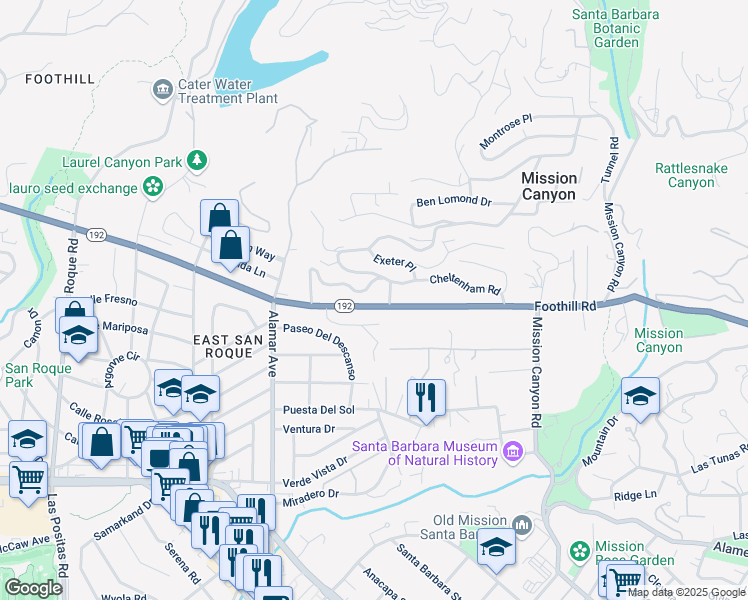 map of restaurants, bars, coffee shops, grocery stores, and more near 875 Cheltenham Road in Santa Barbara