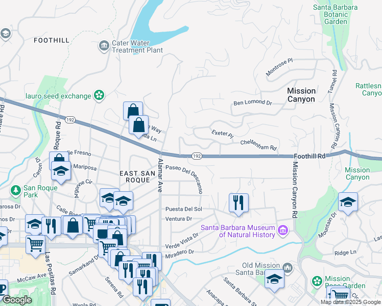 map of restaurants, bars, coffee shops, grocery stores, and more near 2970 Glen Albyn Drive in Santa Barbara