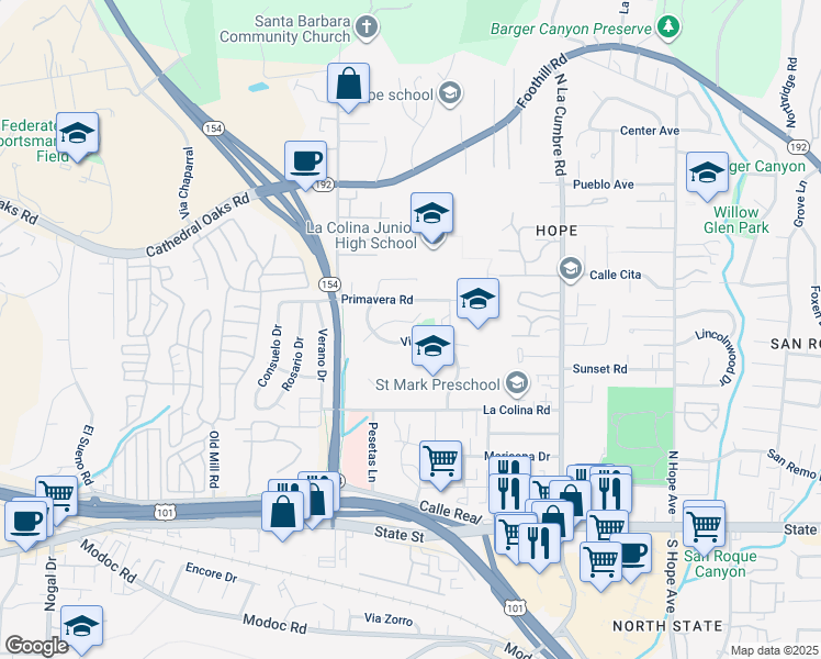 map of restaurants, bars, coffee shops, grocery stores, and more near 4015 Primavera Road in Santa Barbara