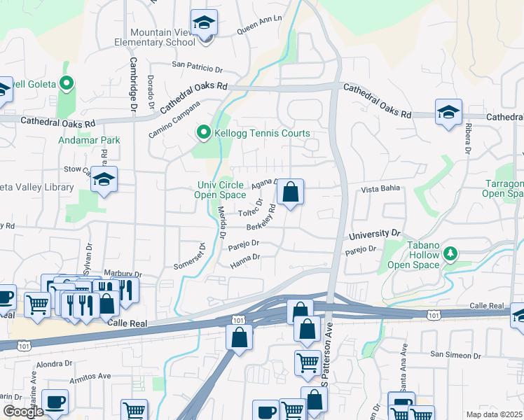 map of restaurants, bars, coffee shops, grocery stores, and more near 5425 Toltec Drive in Santa Barbara