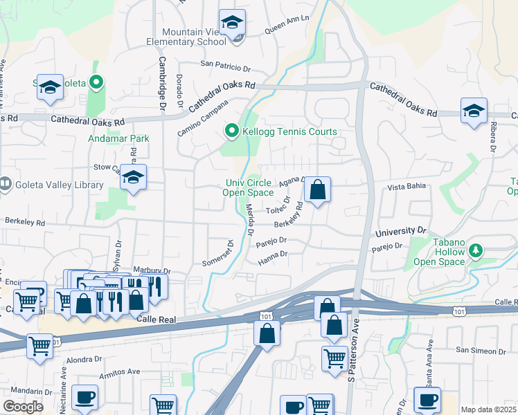 map of restaurants, bars, coffee shops, grocery stores, and more near 456 Toltec Way in Santa Barbara