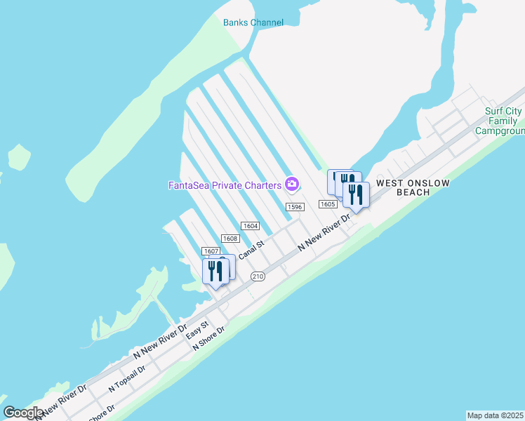 map of restaurants, bars, coffee shops, grocery stores, and more near 6041 6th Street in Surf City