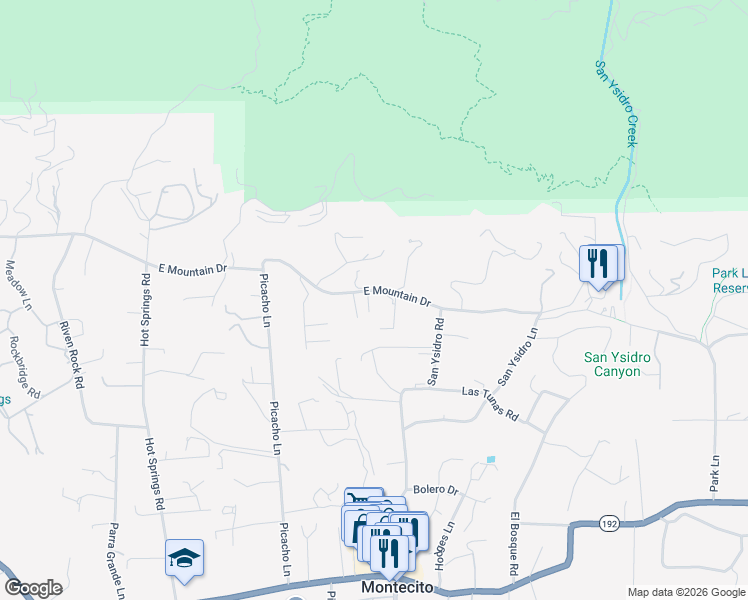 map of restaurants, bars, coffee shops, grocery stores, and more near 1465 East Mountain Drive in Montecito
