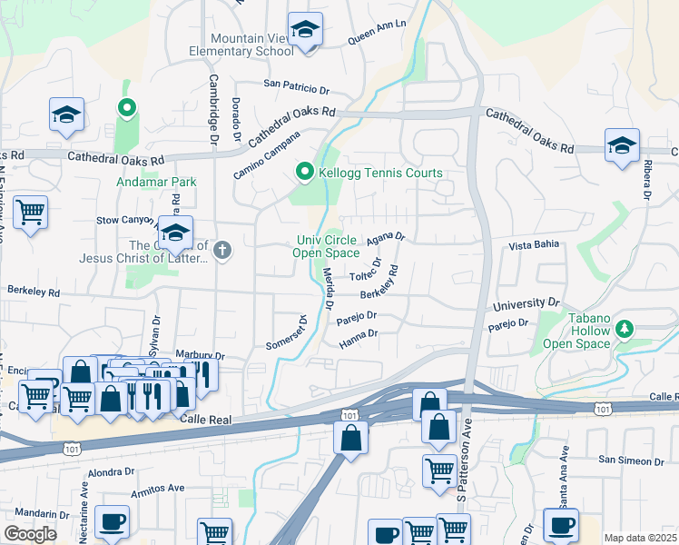 map of restaurants, bars, coffee shops, grocery stores, and more near 456 Toltec Way in Santa Barbara