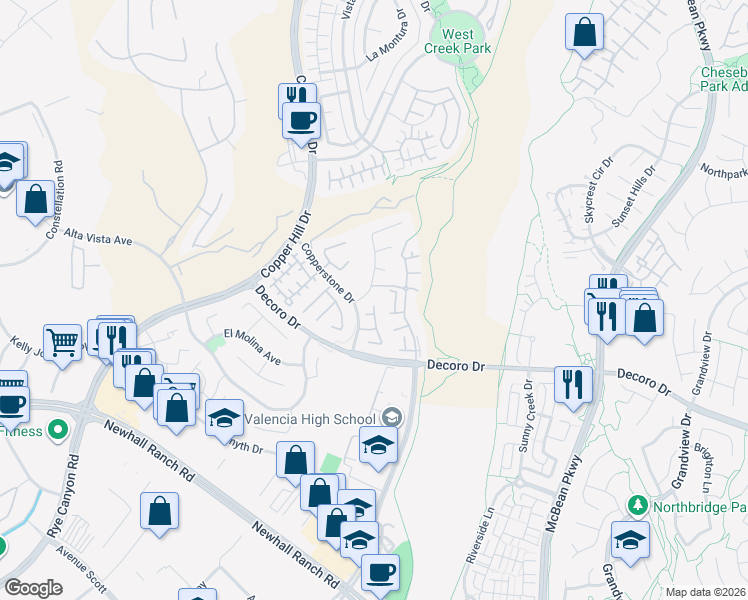 map of restaurants, bars, coffee shops, grocery stores, and more near 27979 Periwinkle Lane in Santa Clarita