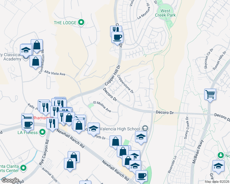 map of restaurants, bars, coffee shops, grocery stores, and more near 24502 Montevista Circle in Santa Clarita