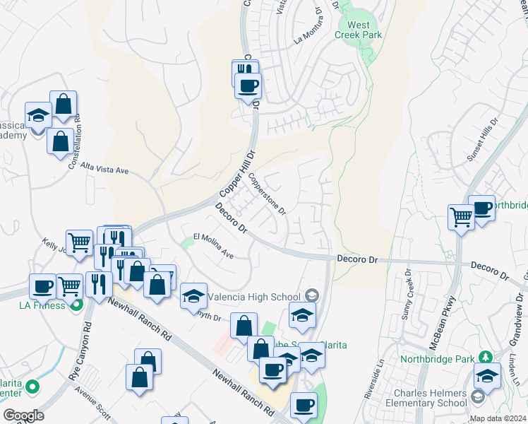 map of restaurants, bars, coffee shops, grocery stores, and more near 24322 Alyssum Place in Los Angeles