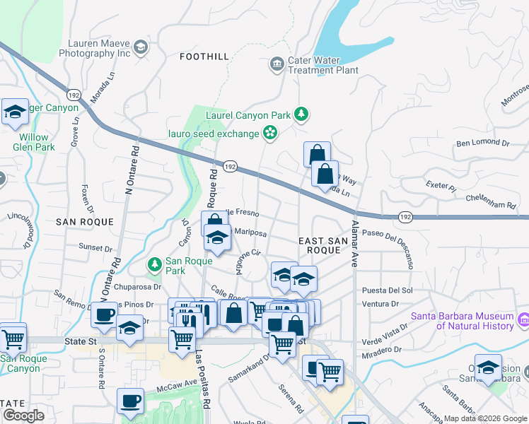 map of restaurants, bars, coffee shops, grocery stores, and more near 3121 Calle Madera in Santa Barbara